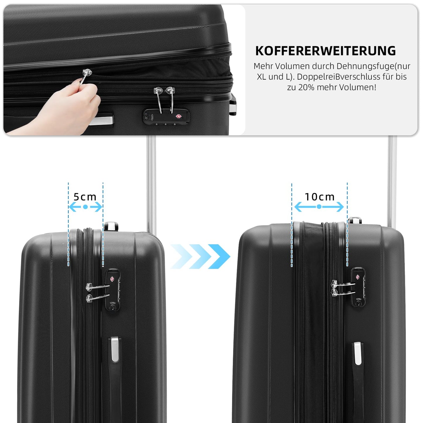 BEIBYE Kofferset 3-tlg. Hartschale | TSA-Schloss Zwillingsrollen | Schwarz